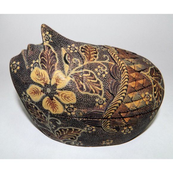 Poplier Batik Fabric Wood Mask Trinket Box Container Indonesian Eclectic - Picture 15 of 15